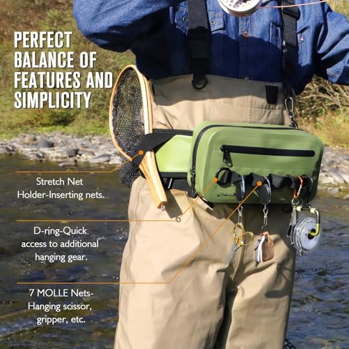 Dovesun Waterproof Fishing Fanny Pack for Men 3.3L Fly Fishing Bag Chest Pack with Airtight Zipper - color: Green