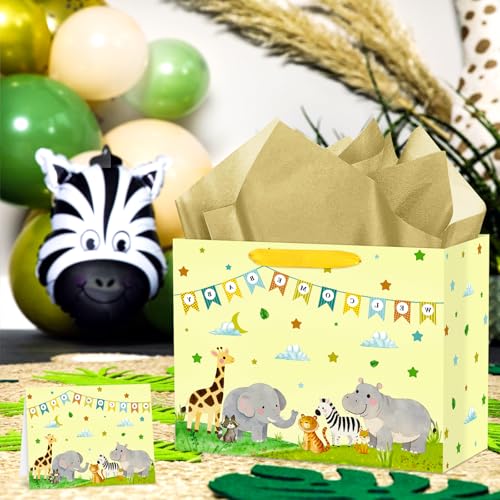 Hooqict Large Baby Boy Girl Gift Bag Baby Shower Wrapping Gift Bag with Handles, Tissue Paper, Greeting Card for Newborn Baby Shower Gender Reveal 1st Birthday Party Favors Supplies - color: Baby