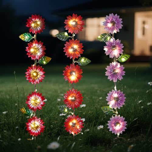 Set of 3 Solar Garden Lights,22.6'' H Flowers Decorative Garden Stakes,Waterproof Metal Spring Yard Art Decor,Solar Stake Lights for Outside,Lawn,Yard,Patio - color: Flowers 2-3Pack