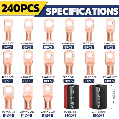 haisstronica 240PCS Battery Cable Ends Kit,120PCS AWG 8 6 4 2 0 00 Heavy Duty Copper Wire Lugs Ring Terminals,Battery Cable Lugs Eyelets Terminal Connectors with 120PCS 3:1 Heat Shrink Tubing - color: Bare Copper, size: 240 PCS