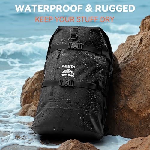 HEETA Dry Bags Waterproof Backpack 40L for Men & Women, Roll Top Heavy Duty Cushioned Hiking Backpack for Kayaking Boating Paddle Boarding Fishing Travel Camping Beach Vacation Cruise Ship Essentials - color: Black