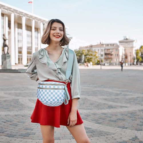 Pure Colour Crossbody Bum Bags for Women Spacious Checkered Cross body Bag Nylon Trendy Fanny Pack for Travel - color: Light Blue Checkered