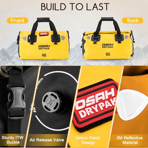 OSAH DRYPAK Waterproof Duffel Bag - Motorcycle Dry Bag Tail Bag with Large Storage Space, Waterproof Luggage Duffle Bags with Outer Mesh Zipper Pocket for Camping, Kayaking, Fishing & Traveling - color: Yellow, size: 25L