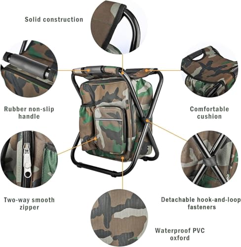 Kikerike Folding Stool Backpack Insulated Cooler Bag, Collapsible Camping Hunting Fishing Multifunction Chair with Front Pocket and Bottle Pocket for Outdoor Events, Hiking, Travel, Beach - color: Camouflage