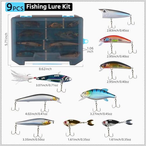9PCS Full-Swim Layer Hard Fishing Lures Kit with Tackle Box | Bass Trout Fishing Lures Set Including Minnows, VIBs, Spinnerbaits | Freshwater & Saltwater Fishing Gear | Ideal 2026 Gift for Anglers
