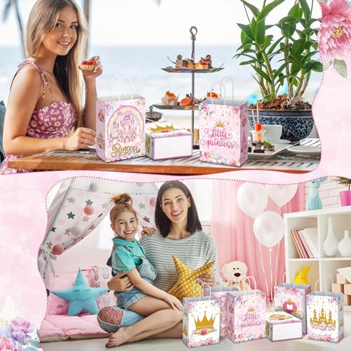 Kosiz 24 Pcs Princess Party Favors Bags Paper Little Princess Gift Goodie Bags with Handles Pink Floral Castle Crown Carriage Candy Treat Pouch for Girls Birthday Baby Shower Party Decoration Supplies - style: Princess