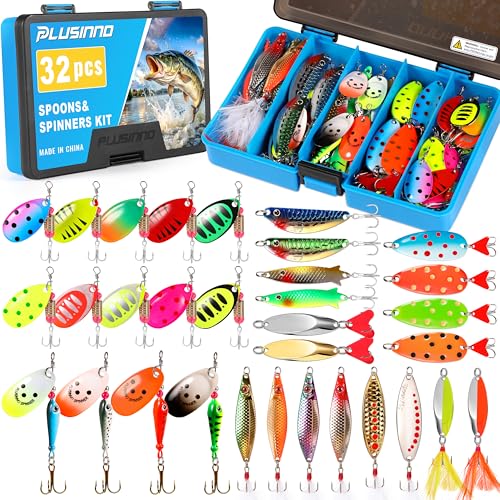 PLUSINNO Fishing Lures Spinner baits for Bass - 16/32 pcs Spinner Lures Kit with Portable Carry Bag, Hard Metal Spinner Baits for Trout - color: 32pcs spinner set with box