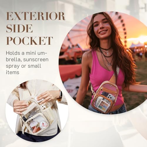 Missnine Clear Bag for Stadium Events Clear Sling Bag Fanny Pack Crossbody Purse for Sport Concert with Side Mesh Pocket - color: G-brown[side Pocket]