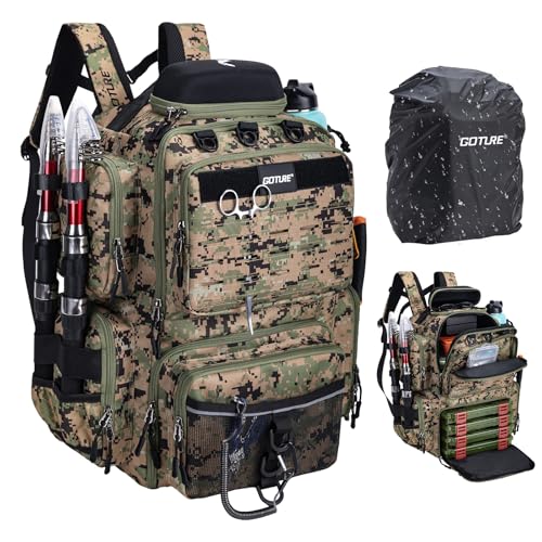 Goture Fishing Backpack, 900D Water-Resistant Tackle Backpack with Rod Holders, Hard Sunglasses Case, 45L Large Storage Gear Tackle Bag with Rain Cover, Bottle Holder for Travel Camping Hiking - color: A1:camo 5#, size: Without Tackle Boxes