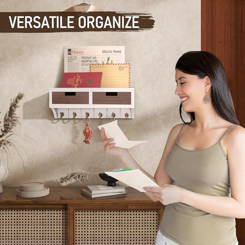 Rebee Vision Key Holder Wall Mount with 2 Drawer Organizer: Decorative 2-Color Mail Organizer for Wall with 6 Hooks - Farmhouse Home Organization for House Decor (White & Retro Brown) - color: White & Brown, style: 2-Drawer