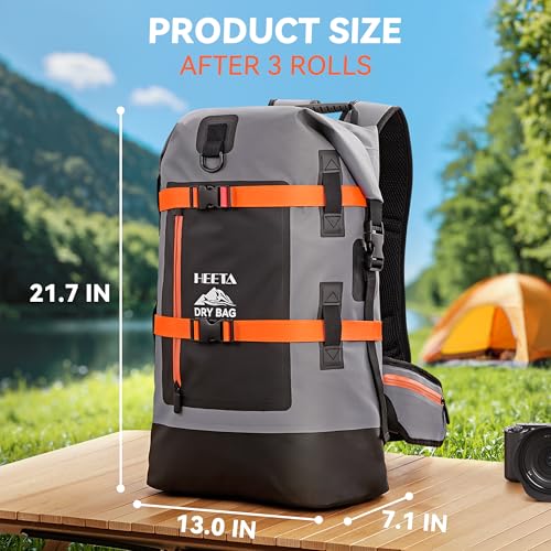 HEETA Dry Bags Waterproof Backpack 40L for Men & Women, Roll Top Heavy Duty Cushioned Hiking Backpack for Kayaking Boating Paddle Boarding Fishing Travel Camping Beach Vacation Cruise Ship Essentials - color: Grey