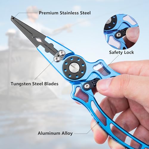 FLISSA Fishing Pliers, Safety Lock Design Fish Pliers Saltwater, Aluminum Hook Remover, Titanium 6Al-4V Jaw and Tungsten Carbide Line Cutters, Sheath & Lanyard, Fishing Gear Gifts for Men - size: 8-inch