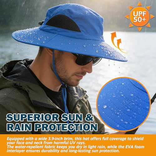 Wide Brim Sun Bucket Hat, Waterproof Boonie Hat for Men & Women | UPF 50+ UV Protection, Adjustable Fit, Chin Strap & Sweatband, Foldable Durable for Fishing Hiking Garden Beach - color: 01 Blue