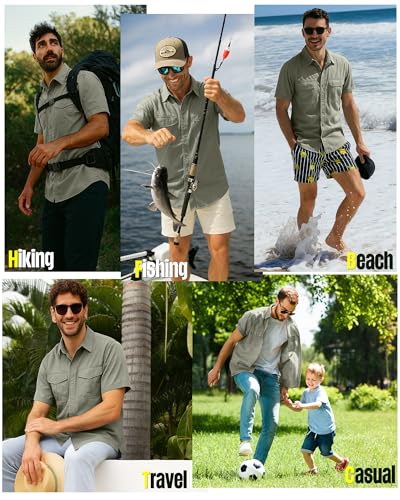 33,000ft Men's Fishing Shirts Lightweight Cool Quick Dry Sun Protection UV Short Sleeve Shirt for Casual Hiking Safari Travel - color: Gray Green, size: Small