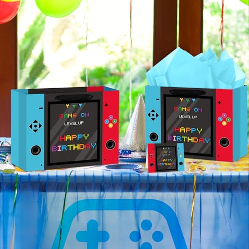 Hooqict Large Video Game Birthday Gift Bag Happy Birthday Gift Wrapping Bag with Handles, Tissue Paper and Greeting Cards for Kids Boys Men Gamer Themed Party Supplies - color: Video Game