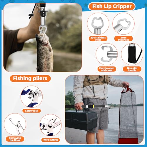 Telescopic Fishing Rod and Reel Combo 2 Pcs Collapsible Fishing Pole Kit with Plier Lip Gripper Lures Carrier Bag Pre-Loaded Spinning Reel for Beginner Men Travel Saltwater Freshwater - size: 7.87ft