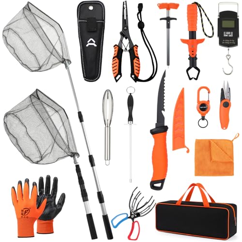 Ceenna 14 Pcs Fishing Tool Kit, Fishing Pliers, Retractable Landing Net, Lip Gripper, Fillet Knife, Digital Scale, Hook Remover, Scaler, Braid Scissors, Sharpener, Tool Retractor Accessories - color: Orange