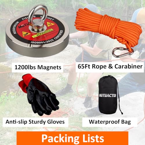 MUTUACTOR Strong Fishing Magnets Kit,1200lb Φ3.81'' Large Neodymium Rare Earth Magnets Heavy Duty Magnet Fishing with 65ft Salvage Rope,Gloves,Waterproof Bag for Finding Lost Treasures in Rivers - style: 1200lb Magnet--Φ 3.81"