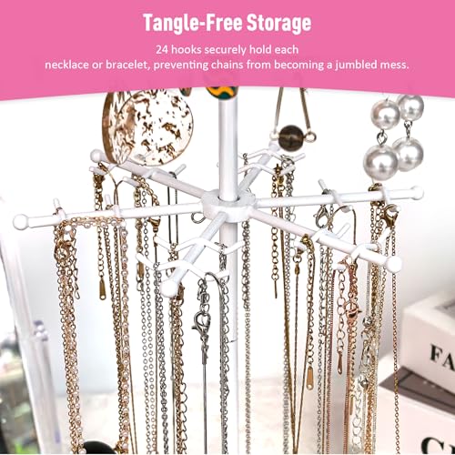 360 Rotating 2-Tier Jewelry Organizer Stand, Large Earring Holder Organizer with 48 Holes for Studs，24 Prongs for Necklaces, Wide Base for Bracelets, Watches, Lipstick, Jewelry Display Stand for Women - color: Metal,2-Tier,White