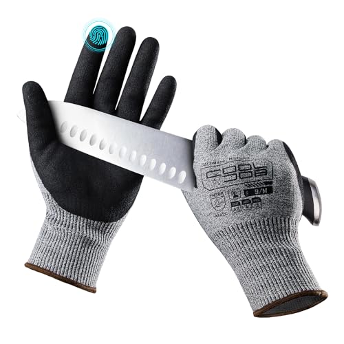 COOLJOB A3 Cut Resistant Safety Work Gloves with Nitrile Grip, Touchscreen & Flexible for Gardening Fishing Construction - color: A3 Grey (Pack of 1), size: Large