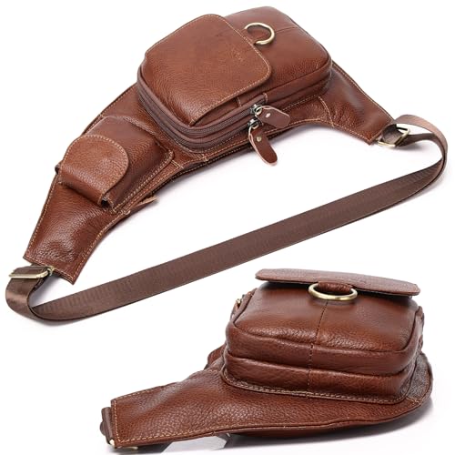 Vintage Leather Sling Bag Backpack for Men Crossbody Shoulder Chest DayPack Backpacks - color: #04brown