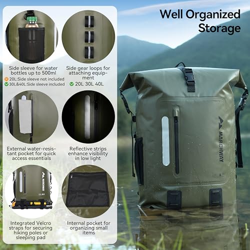 MARCHWAY Roll Top Waterproof Backpack, Floating Dry Bag 20L/30L/45L with Ergonomic Rectangular Base, Cushioned Back, Hip Strap for Hiking Camping Kayaking Travel (Army Green, 30L) - color: Army Green, size: 30L