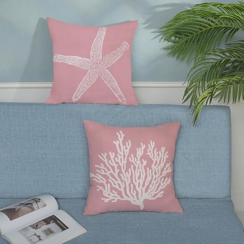 Coastal Pillow Covers 18x18 Inch Set of 2, Pink Coral Starfish Throw Pillows Nautical Ocean Decorations Beach Pillowcase Outdoor Decor Linen Farmhouse Cushion Case for Home Sofa Living Room - color: Pink Starfish Coral, size: 18" x 18" (Pack of 2)