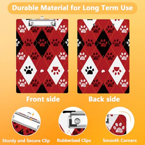 Black and Red Paw Prints Clipboard, Valentine's Plaid Pattern Decorative Clip Board with Metal Clip Cute Plastic Clipboards A4 Standard Size 8.5" x 12.5" for Nurses, Students, Office - color: Black Red Paw