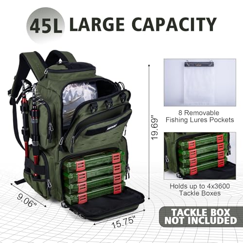 Goture Fishing Backpack,900D Water-Resistant Tackle Backpack with Rod Holders, SBS Zippers,45L Large Fishing Bag Storage Gear Tackle Bag with Rain Cover, Bottle Holder for Travel Camping Hiking - color: A1:Army Green(Only Bag), size: Without Tackle Boxes