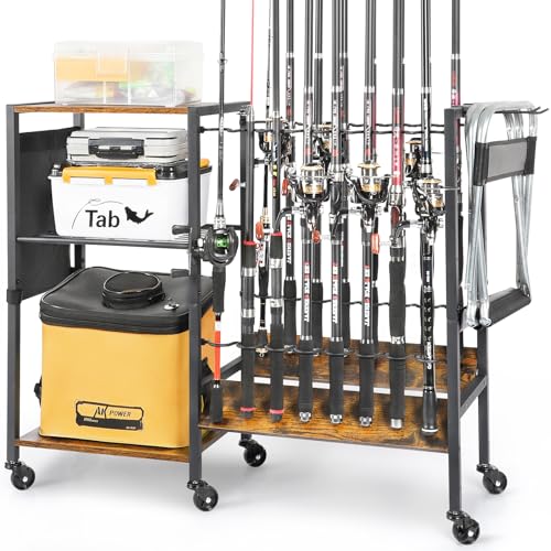 Olakee Fishing Rod Holders, Rolling Fishing Rod Rack for Garage & Boat, Tackle Box & Reel Holder Cart, Easy Assembly Fishing Gear Management System, Ideal Birthday Gift for Men Dad Anglers - color: 16 Rods,Carbonized Black