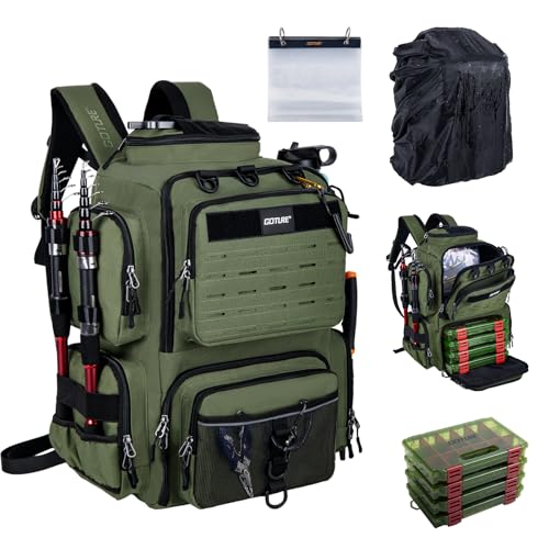 Goture Fishing Backpack with 4 Tackle Boxes,900D Water-Resistant Tackle Backpack with Rod Holders,SBS Zippers,45L Large Tackle Storage Gear Bag with Rain Cover,Bottle Holder for Travel Camping Hiking - color: A1:Army Green, size: Include 4 Tackle Boxes