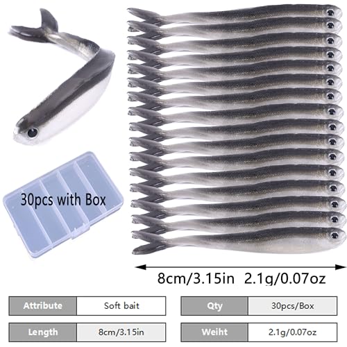 Fishing Soft Plastic Lures, Paddle Tail Swim Baits for Bass Fishing,Paddle Tail Swimbaits for for Bass Trout Walleye Lures, 30/50pcs Soft Plastic Baits with Box - color: D:3.15in/0.07oz-30pcs