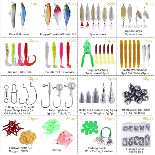 PLUSINNO Fishing Lures, All-in-One Fishing Tackle Box with Tackle Included, Fishing Gear Lure Bait Accessories Kit for Freshwater Bass Trout, Ideal Fishing Gifts for Men, Father & Beginners - color: 302Pcs Fishing Lures Kit