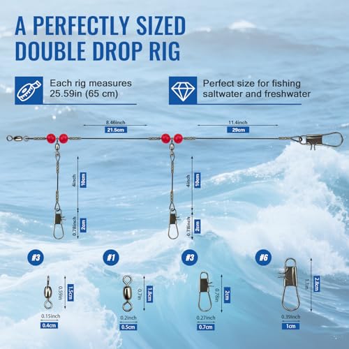 Narcissus Double Drop Saltwater Fishing Rig – Mono 2 Hook Bottom Rigs with Swivels & Snaps, Pre-Tied Surf Pier Boat Leader Line for Snapper, Bass, Mackerel, Catfish - color: Double Drop Rig-24Pack-Black
