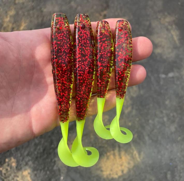 A.M. Fishing Curly Tail Jerkshad 4 Inch Soft Baits Garlic Infused,– 8 Pack – Saltwater & Freshwater Fishing Lures for Bass, Redfish, Snook, and Trout - color: Watermelon Red Chartreuse
