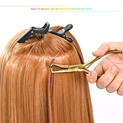 EHDIS Hair Extension Beading Tool Kit Stainless Steel Hair Extensions Micro link Bead Closer and Remover Pliers set, Beads Hair Pulling Hook & Micro Ring Loop Tool Set (Gold) - color: Gold