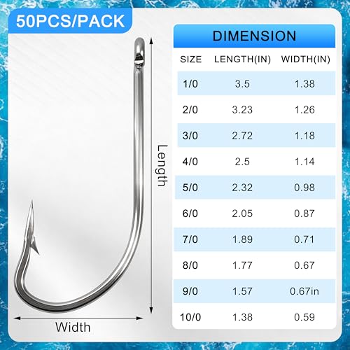 Stainless Steel Saltwater Fishing Hooks - 50pcs O'shaughnessy Hooks Forged Long Shank J Fishing Hooks Extra Strong Fish Hooks for Trolling Sea Bass Striper Cod Bluefish Size 1/0-10/0 - size: 4/0-50pcs