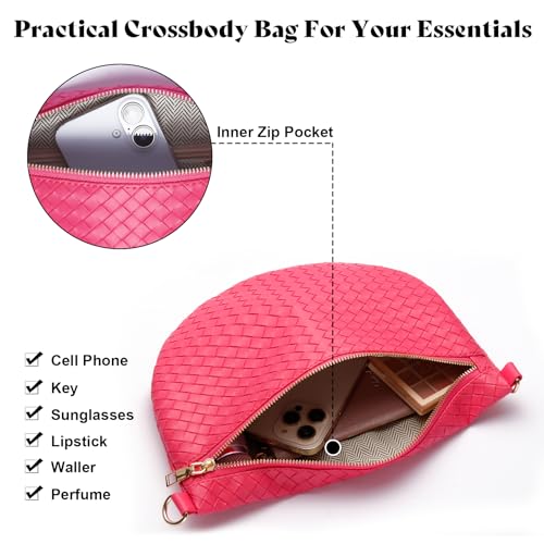 Woven Crossbody Bags for Women Leather Belt Bum Sling Purse Fanny Waist Pack Chest Shoulder Bag for Women-Pink - color: Hot pink