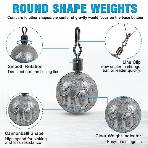 Drop Shot Weights Kit, 52pcs Round Fishing Weights Sinkers Bass Casting Drop Shot Sinkers Rig Cannonball Weights Assorted Set for Bass Fishing Freshwater Saltwater