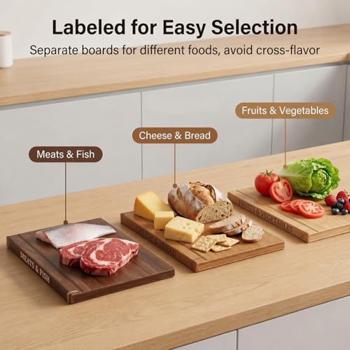 Book Cutting Board Set of 3 with Stand - Wooden Library Shaped Chopping Boards That Look Like Books, Labeled Meat, Fish, Cheese & Bread, Fruits & Vegetables, Decorative Kitchen Cutting Boards