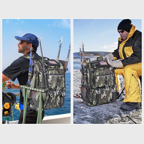 Bagenerous 39L Fishing Tackle Backpack with Rod Holders & Cooler,Water-resistant Fishing Gear Storage Bag with Protective Rain Cover,Camouflage - color: Camouflage