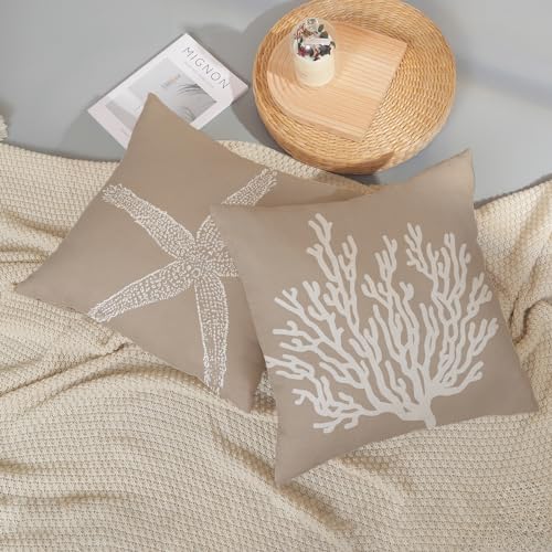 Coastal Pillow Covers 18x18 Inch Set of 2 Brown Tan Coral Starfish Throw Pillows Summer Nautical Beach Ocean Decorations Linen Pillowcase Outdoor Decor Farmhouse Cushion Case for Home Bedroom - color: Brown Starfish Coral, size: 18" x 18" (Pack of 2)