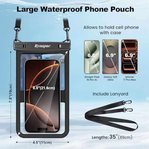 Rynapac Large Waterproof Phone Pouch [Up to 8.5"] - 2 Pack IPX8 Waterproof Phone Case for iPhone 17 16 15 Pro Max Galaxy S26 Ultra, Touchscreen & Underwater Photography, Beach Cruise Essentials 2026 - color: [Black + Black] Large Waterproof Phone Pouch, s