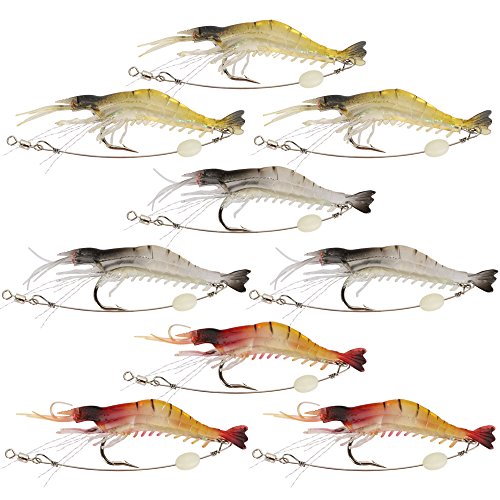 Goture Soft Shrimp Lures Fishing Saltwater Luminous Shrimp Bait Set Fishing Lures with Sharp Hooks for Freshwater Saltwater Trout Bass Salmon Crappie Walleye Pike Perch - color: A:9pcs Shrimp Lures-3.54in/0.21oz