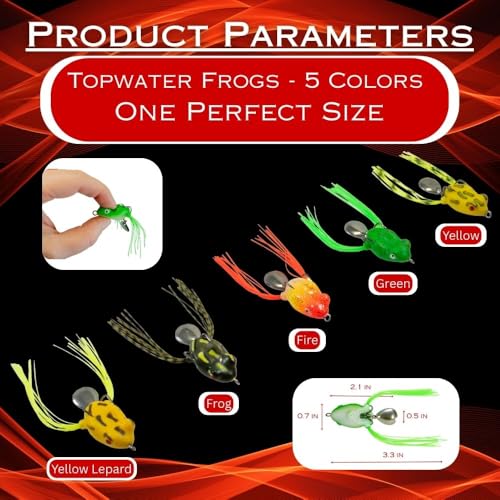 DeLong Bladed Topwater Frog Lure – 3.5” Weedless Double Hook Bass Frog – 5 Multi-Color Assortment Pack in Hard Case
