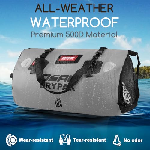 OSAH DRYPAK Waterproof Duffel Bag - Motorcycle Dry Bag Tail Bag with Large Storage Space, Waterproof Luggage Duffle Bags with Outer Mesh Zipper Pocket for Camping, Kayaking, Fishing & Traveling - color: Grey, size: 60L