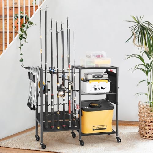 Olakee Fishing Rod Holders, Rolling Fishing Rod Rack for Garage & Boat, Tackle Box & Reel Holder Cart, Easy Assembly Fishing Gear Management System, Ideal Birthday Gift for Men Dad Anglers - color: 12 Rod,Black