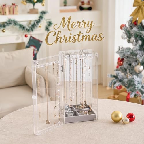 Lolalet Necklace Holder Organizer, Acrylic Jewelry Organizer with 24 Hooks, Rotating Clear Necklaces Display Box with Built-in Mirror, Dust-proof Jewelry Storage Case with Velvet Tray -Clearmirror - color: 1 -Clearmirror