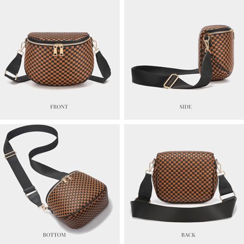 Woven Vegan leather Crossbody Bags For Women, Checkered Fashion PU Bum Bag Waist Pack, Travel Sling Purse with Adjustable Strap（Brown and Black) - color: Brown and Black