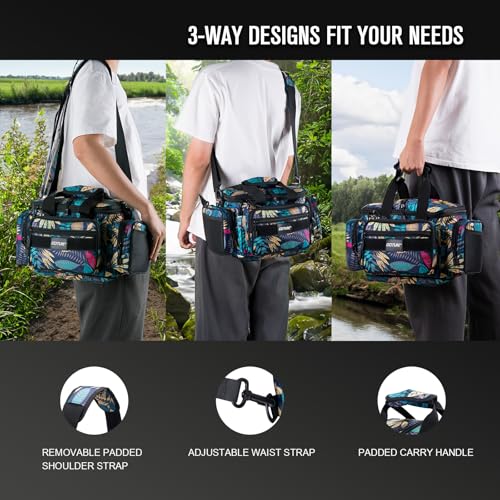 Goture Fishing Tackle Bag with 3pcs 3600 Green Tackle Boxes,600D Water-Resistant Soft Side Cross Body Sling Fishing Bag, Small Saltwater Gear Storage Tactical Bags, Gifts for Men/Women - color: A1:Blue Leaf with 3 Green Tackle Boxes, size: Small